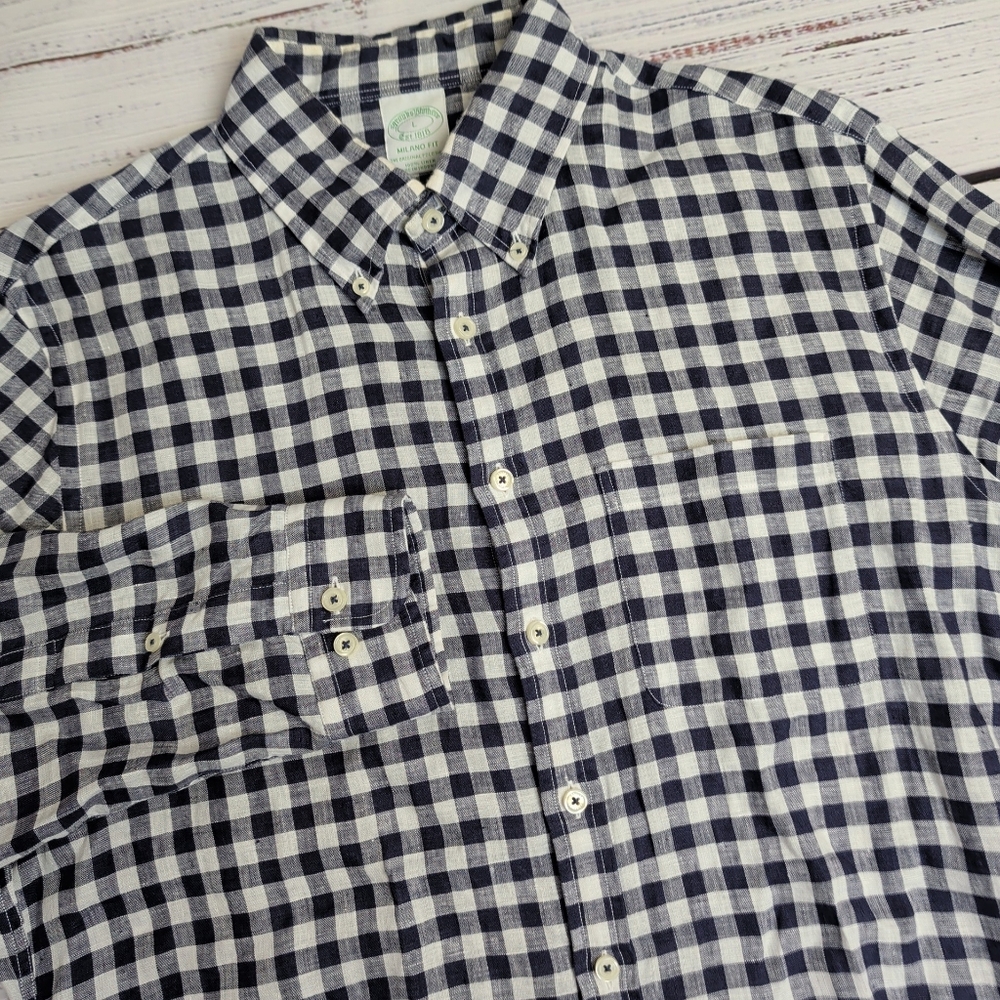 Brooks Brothers Milano Fit Baird McNutt Linen Shirt Men's Size Large Navy Check